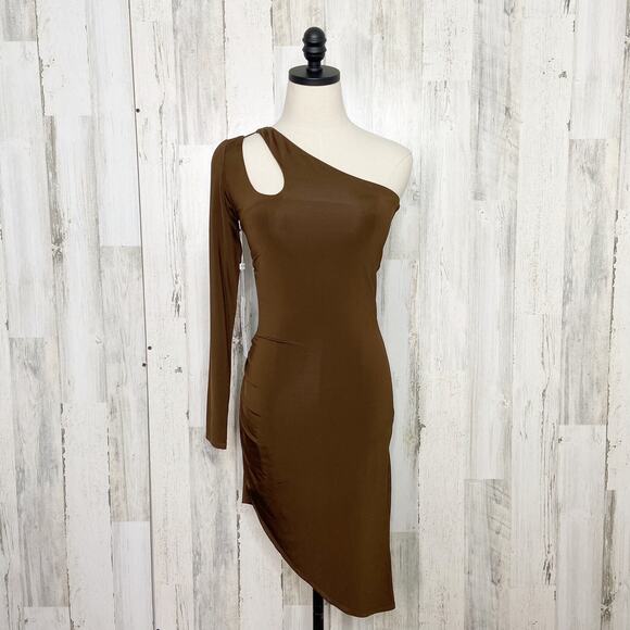 NWT Ronny Kobo Lana Dress Brown One Shoulder Asymmetrical Mini Party Size XS - Picture 3 of 13